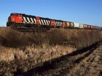 This is another trip with Fred Clark. We decided to chase the Brazeau Sub Local down the Camrose sub to Mirror and then floow its progress on the Brazeau Sub. We had no idea what work it did, what businesses it visited or yards it switched. It had favorable lighting compared to train running north out of Edmonton, though.
I don't know the exact location, but it is likely north of Looma, and almost back in Edmonton.