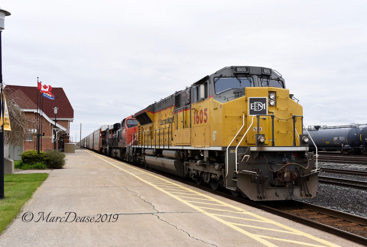 Train 397 passes through Sarnia with EMD Demonstrator 1605 in the lead.