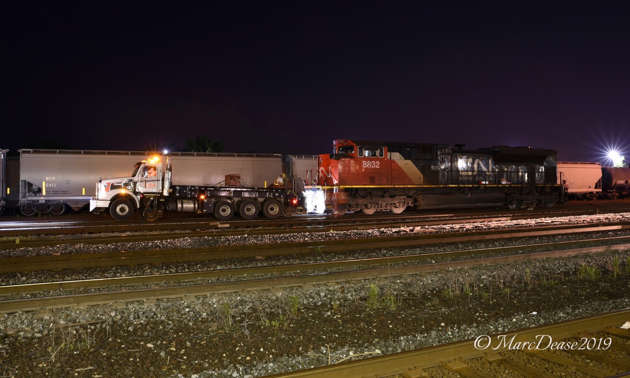 It took a few days before the DP Unit was removed from the St. Clair River Tunnel after the derailment. After removal CN 8832 was towed into Sarnia and had its wheels chocked and has remained there.