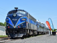 The Orford Express tourist train is based in Magog, Quebec running east to Sherbrooke and west to Bromont.  The July 18 trip took the FL9 hauled train west to Bromont where it's shown here.