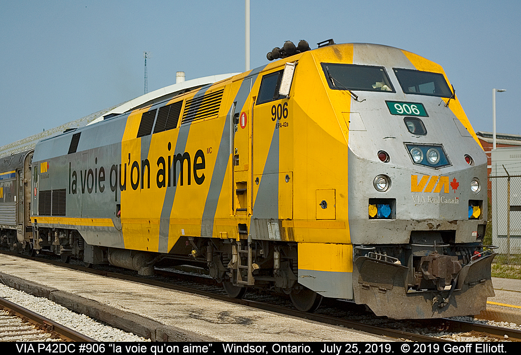 VIA Train #76, with VIA P42DC 906 sits waiting to depart in Windsor, Ontario on July 25, 2019. According to friends the French lettering translates to "the track that we love" which I think sounds much better than the English slogan "love the way" that appears on the other side of the unit.