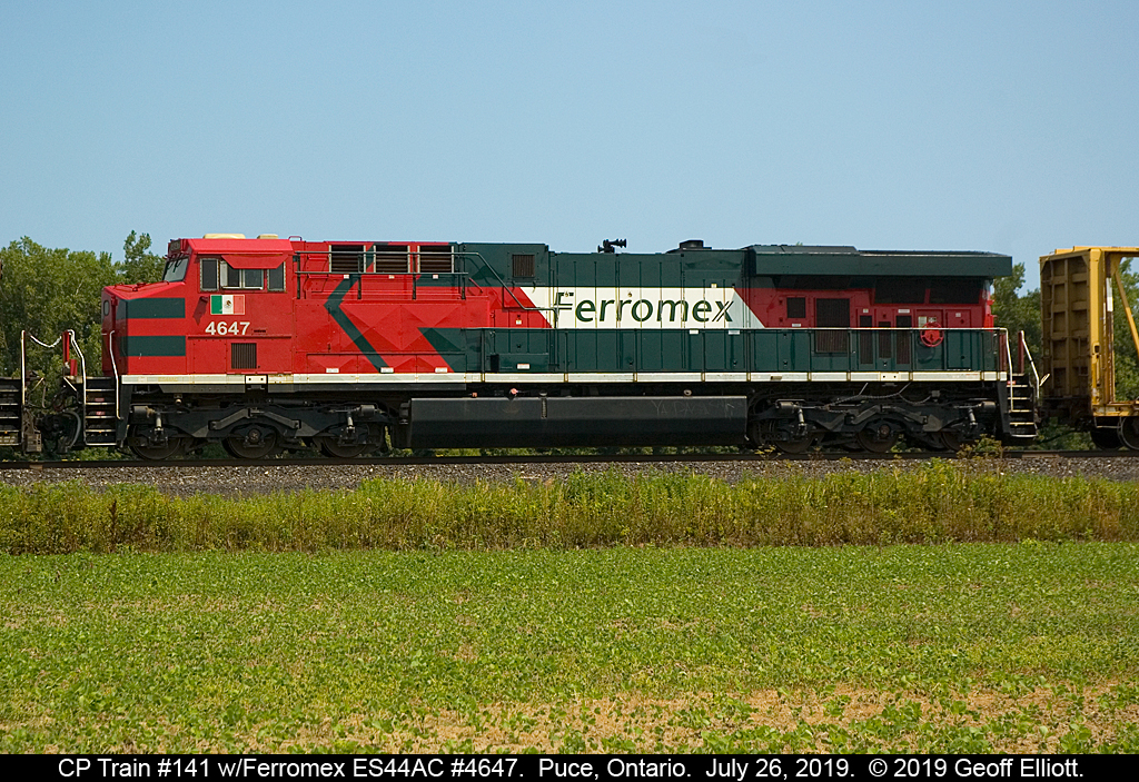 A clean Ferromex ES44AC #4647 rolls through Puce, Ontario, and the flat country side of Essex county, as the trailing unit on CP train #141 for July 26, 2019.