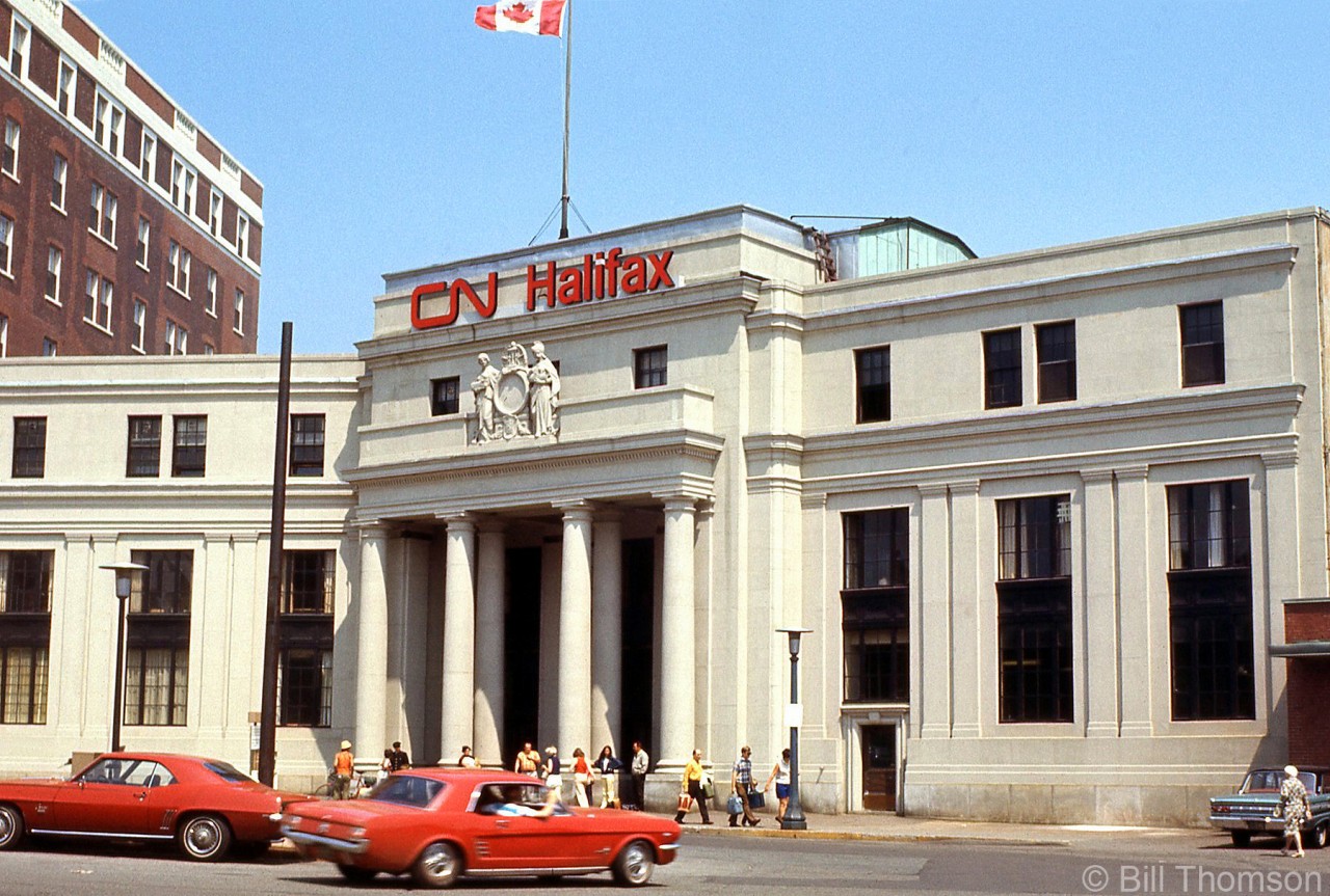 The main entrance to CN's Halifax Station is pictured in July 1971, next door to the Hotel Nova Scotian. Built in 1928, the station is still in use today by VIA Rail.
