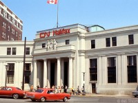 The main entrance to CN's Halifax Station is pictured in July 1971, next door to the Hotel Nova Scotian. Built in 1928, the station is still in use today by VIA Rail.