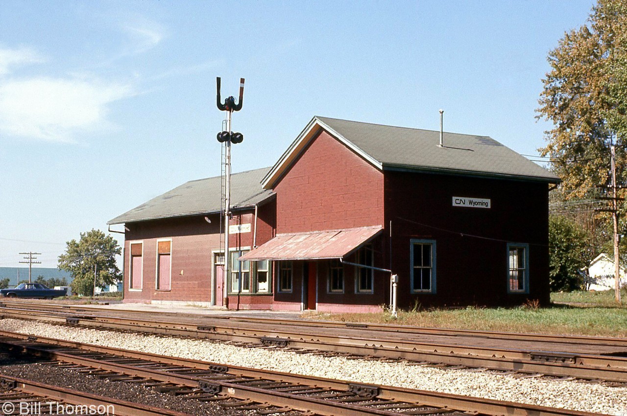 CN's Wyoming station (originally built by the GTR) is pictured in November 1972 along the Strathroy Sub at Mile 45.3. The station did survive into at least the mid-80's, but at present day a small VIA "kiosk station" serves Wyoming.