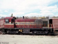 CP S3 6538 is shown parked in Guelph near the <a href=http://www.railpictures.ca/?attachment_id=29496><b>old stone freight building</b></a> in April 1981. By this point in time, CP was phasing out its old Alco/MLW switchers (many dating back to the steam era), and the final ones would be retired in the mid-80's. CP 6538 was retired in 1985, and one of the last units on the roster still in the maroon and grey "block" livery (having never been repainted in action red paint).<br><br>A few notable features about this unit are the handrails touched up with modern action red and black paint, the watchman's heater (for keeping the engine warm when shut down at branchline outposts), front numberboard, 3-chime horn, exhaust spark arrestor and air vents cut into the front cab roof.