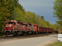 CP 6017 South handles this loaded Herzog train through Bala with 2 other reactivated counterparts heading down to dump some stone South of Medonte, they would spend the day working down there before meeting 113/running around their train at Craighurst and heading back to MacTier. 