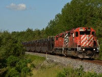 CP 6054 and CP 5973 make a fine classic pair of matching multimarks on the head end of this rail train for Southern Ontario, unfortunately 5973 was shut down/booked with mechanical for a visit to the shop in Toronto and ended up being replaced by CP 6257 before this CWR train went West for the Hamilton sub the next day.