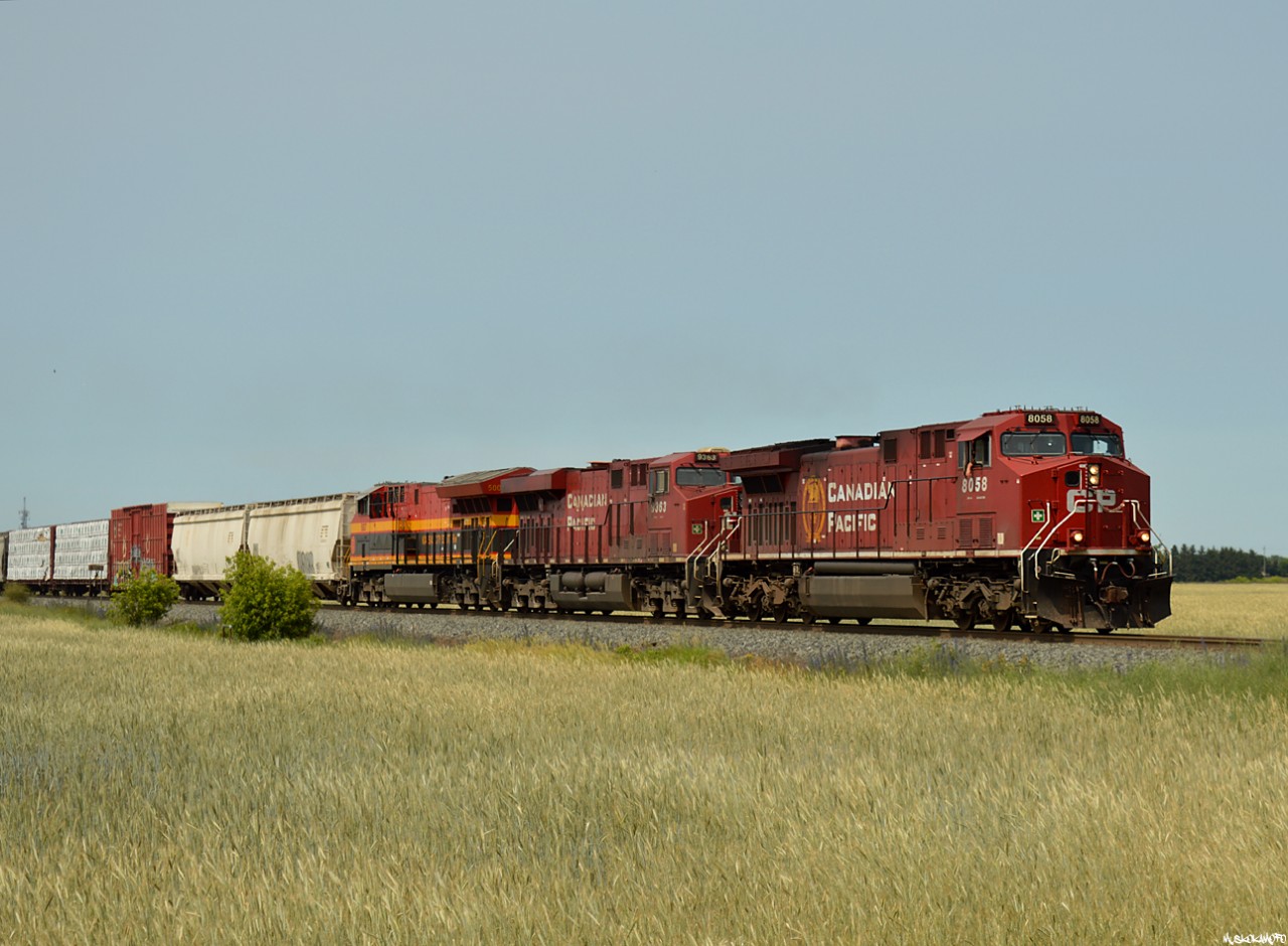 CP 112 approaching Spence with a mix of everything from fairly new KCS 5007, to 11 mixed freight ahead of 30 platforms, then CP 8718 working mid train followed by 55 more platforms and 11 autoracks all headed for Montreal!