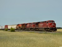 CP 112 approaching Spence with a mix of everything from fairly new KCS 5007, to 11 mixed freight ahead of 30 platforms, then CP 8718 working mid train followed by 55 more platforms and 11 autoracks all headed for Montreal!