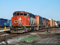 The summer months allow for some nice early morning photography from the north side of the yard in Brantford.  June 26 was a clear, bright morning and I had a few minutes to spare before heading to work so I swung by the yard and was rewarded with 580 already at work with CN 9675, CN 2444 and CN 5470.  Over a month later (July 30) and this consist is still together on 580.  Today they were busy with a short ballast train assisting with derailment repairs following the little mishap in Paris last night.