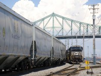 After bringing in a unit train of GrainsConnect cars (some seen at left), the power of CN 596 (NS 7219, NS 4028 & NS 9568) is stopped, awaiting the okay to leave the Port of Montreal light power. In the background is the Jacques-Cartier bridge.