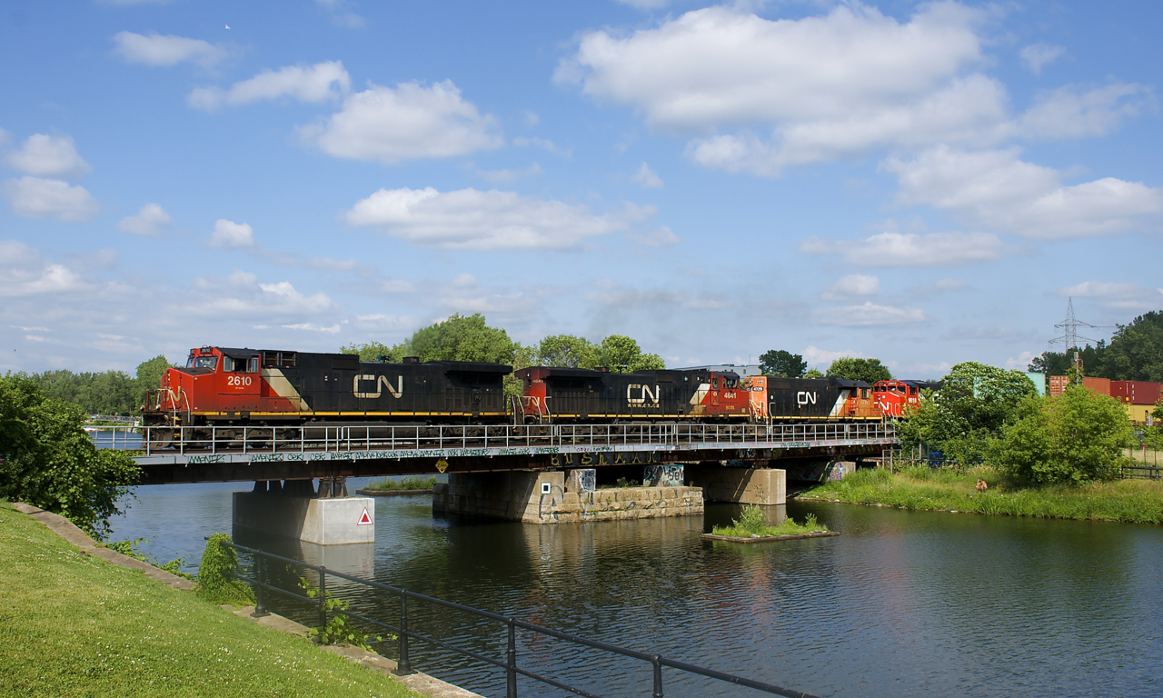 CN 2610, BCOL 4641, CN 4729 & CN 9618 are the power on CN 401 as it crosses the Lachine Canal.