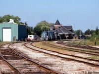 An overview of Goderich during the heyday of GEXR. Visible in the background is the former CN Goderich station off Maitland Road South, with a few GEXR units parked nearby: 4161 (a former GP7 rebuilt into a slug), GP35m mother unit 3834, and GP7 2127 still lettered for the Georgia Southwestern RR. The small shop building is off to the left, and one can see GEXR's ex-CN 55413 black plow parked off in the distance.
<br><br>
GEXR (under G&W ownership) has since handed back its operations of the Guelph Sub that it had leased from CN, but still operates the Goderich and Exeter Subs in the area.