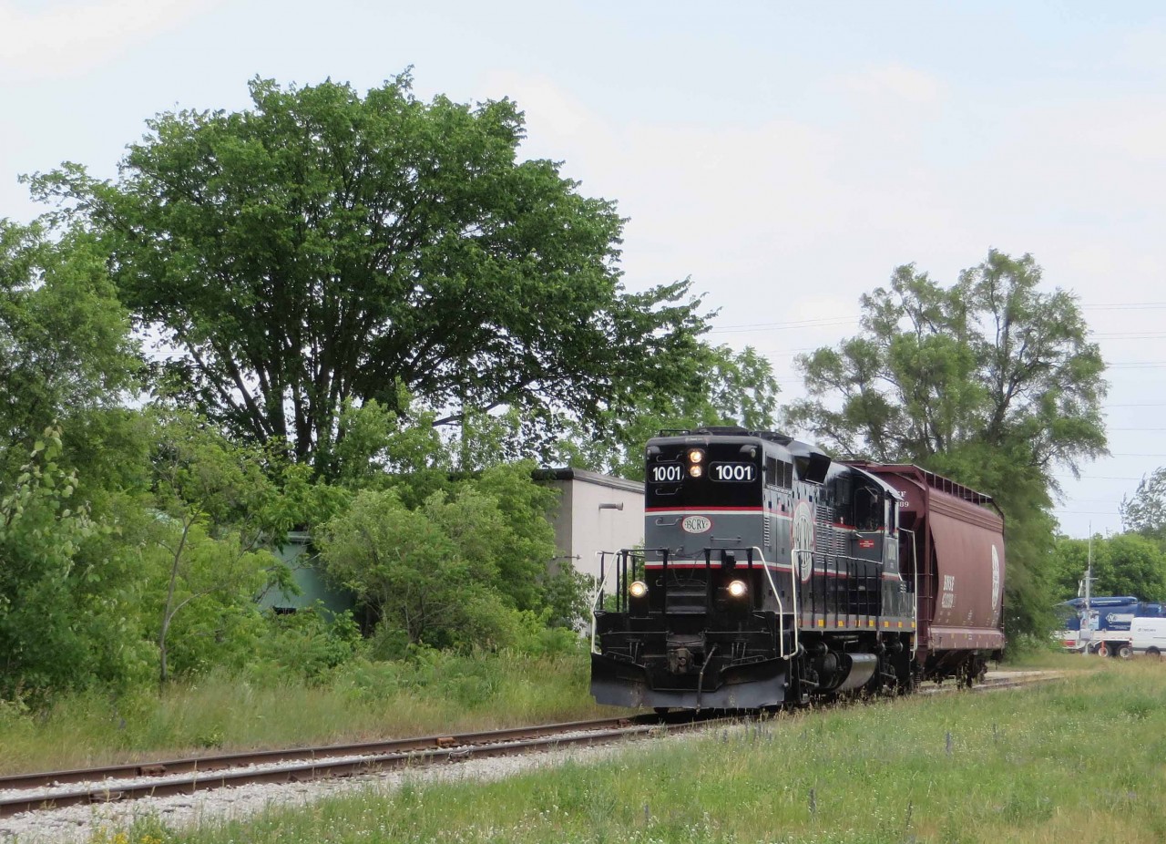 1001 heads back to Utopia with one car after crossing Anne Street in Barrie. After a couple more rail lengths it will be rolling on 80 lb rail.
