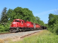 On a beautiful sunny morning, CP 6257 (SD-60) with CP 6054 (SD40-2) make their way out of Guelph Junction to park in Aberdeen Yard and await for CP 246 and CP 254 to clear.