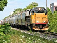 Goderich-Exeter Railway train 582 with LLPX 2236 arrives in Kitchener from Guelph, where it will set-off it's entire train. Canary 2236 was eventually painted into G&W orange and lettered GEXR 2123 at the Diesel Electric Services facility in Sudbury and was quickly assigned to the Ottawa Valley Railway (OVR). Time will tell if GEXR 2123 will ever make it's way back home. 