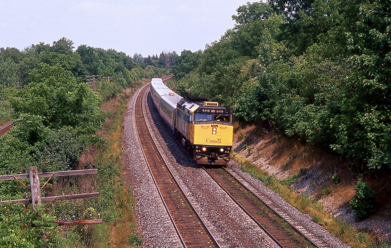 VIA F40PH-2 No. 6419 leans into the curve piloting No. 73 westward out of London on a sultry August holiday Monday (Simcoe Day in Ontario). Constructed by GMD London in January of 1987, in the interim the twenty-year old unit has been repainted and has sprouted a roof top AC unit. Remanufactured by CAD Railway in late 2011, the now F40PH-3 continues to toil away for the national passenger carrier.