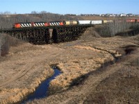 550 crosses one of the several wooden trestles in Camrose Creek valley south of town. We opted for this spot along the road because the route to continue the chase was very indirect and we did not know how long it would take us to catch up to the train. 