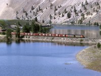 I can't be certain, but this has the look of being train 424. It is on the fill crossing the downstream end of the oxbow in what is now Walhachin Oxboes Provincial Park.