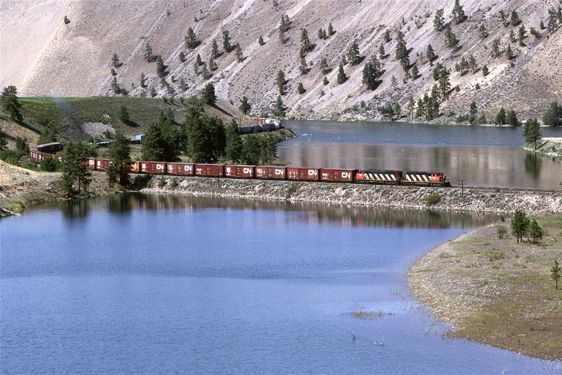 I can't be certain, but this has the look of being train 424. It is on the fill crossing the downstream end of the oxbow in what is now Walhachin Oxboes Provincial Park.