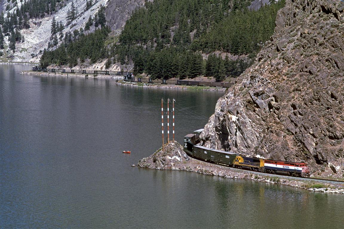 One thing nice about the BCR along this stretch of track is that they sent a hiRail vehicle out ahead of the trains. This, I was given a heads up of any movement. I think this photo gives a good idea of why they used this procedure. Several years ago, they had a train hit a rock slide that killed the crew (I think), and they sent a locomotive to the depths. The locomotive was recovered several years later and scrapped.