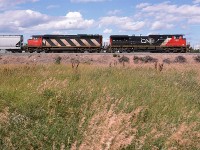 Acouple large engines are assigned to the Edmonton to Calgary train quite regularly. Leading is CN's first standard body type of GE, and trailing is CN's first Cowled type of locomotive (or did the HR616 precede this?).