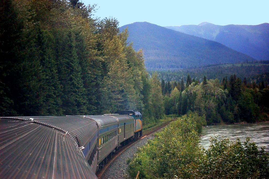 Onboard the Skeena in the Rockies & along the Fraser, west of McBride, BC.
This photo is from a trip my wife & I took out west on VIA Rail’s ‘Skeena’ & ‘Canadian’ – taking the ‘Canadian’ from Toronto to Edmonton stopping over in Alberta to explore the Rockies and various preserved railway equipment by rental car before taking VIA Rail’s ‘Skeena’ from Jasper through the Rockies to Prince Rupert then boarding the ferry to Port Hardy to visit Vancouver Island & various preserved equipment there. For more pics from this trip see our website at: 
 http://northamericabyrail.info/a-trip-on-via-rails-skeena-jasper-ab-prince-rupert-bc/  
Cheers, Pete