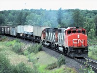 CN train 214 heads east out of Capreol, Ontario on the now abandoned Alderdale Subdivision.  This train had the 9503 and 2026 for power and consisted of 74 loads and 6 empties.  Other statistics are 6019 feet long and 6284 tons.  Location shown is approximate.