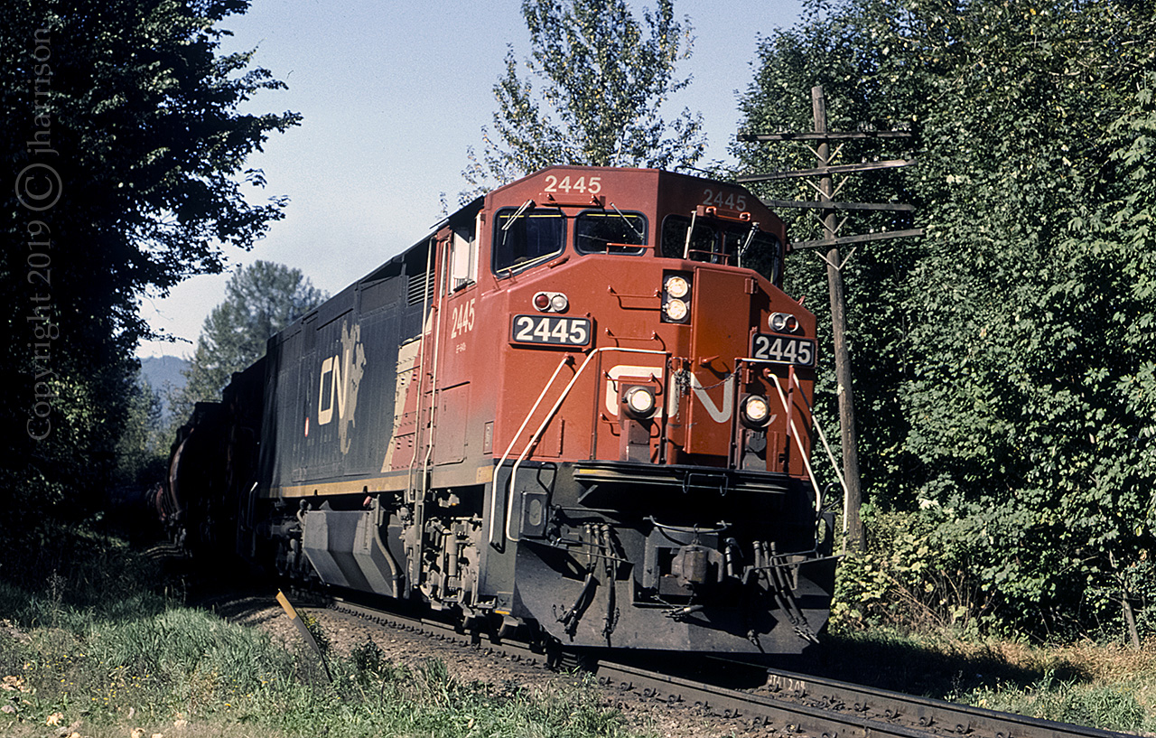 CN 2445, a GE C40-8M, is eastbound as it emerges from the shadows and through the village of Popkum on CN's Yale Sub.
