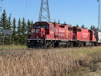 Wearing only its second paint scheme, the 3049 does not have the fresh look anymore like the 2007 photos I just perused of it on the CPR diesel roster website. Ex SOO 4424 is trailing. They are heading out with cars for customers west of Clover Bar yard.