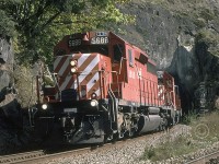 CPXW 5688 with the GP38-2 3124 trailing, roll out of the westward track portal at Agassiz. A similar submission I took on the same day listed this location as Magellan, which would be correct as of 1998. The 5688, I'm quite sure, was scrapped in or around 2009. 