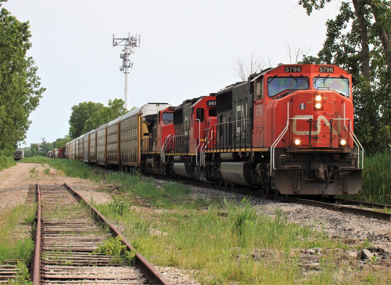 CN re-route train #320 is seen here behind CN 5796, 5410 and 2135 crawling past the former Ford yard just before crossing Rose-Ville Garden Drive. The old yard lead can be seen in the foreground, however there is another connection and today the yard is used to store cars for a local customer.