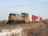 A leased Citrail ES44DC leads train 117, a re-routed container train from the northern transcontinental line into Sarnia, ON. 