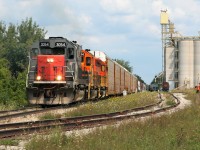 Goderich-Exeter Railway (GEXR) 431 has just arrived from CN’s MacMillan yard at Shantz Station Terminal Ltd Parrish & Heimbecker (P&H), which is located east of Breslau, Ontario. Powering the train are big GEXR SD45T-2 3054, GEXR SD40-2 3394 and RLHH SD40-2 3403. While this scene was routine at the time, as 431 would often work the P&H facility heading westbound, in less than three months, CN would take over operations on the Guelph Subdivision. Since the transition from GEXR to CN in November 2018, CN train L540 regularly works P&H from Kitchener during the week as well as when required on weekends. Also, CN L568 also switches the facility on weekends when there is no L540 ordered.