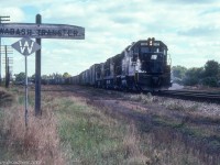 Westbound PC BM7 pulls into the St Thomas yard for a crew change October 1974, CPR credit Valley Railway is just to the photographers left. Whistle post is for the CPR Talbot Street crossing and the Wabash Transfer Mile Board used by the OSR today.
