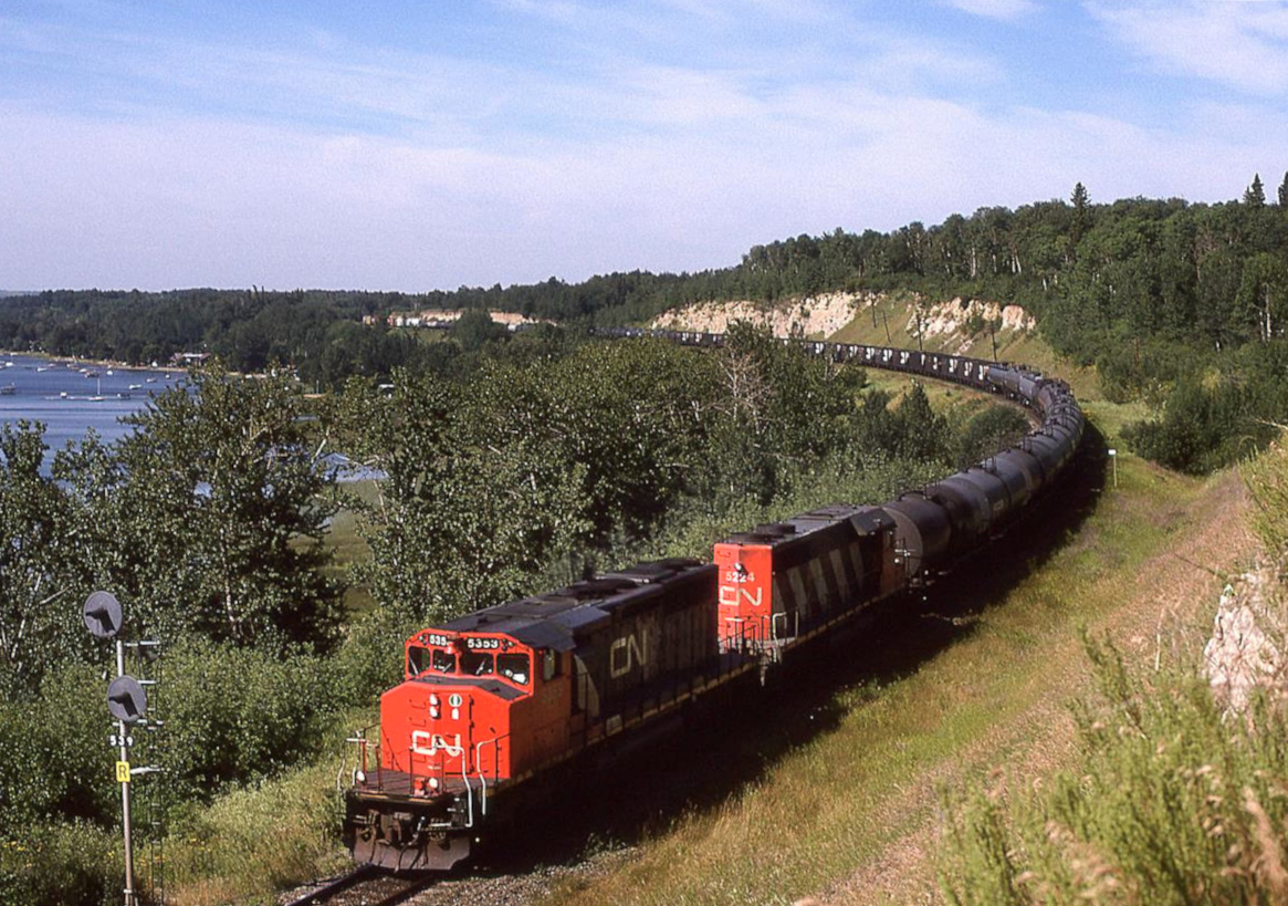 A broader view of Waldron Curve and Wabamun Lake.
The train may be 412 or 218 based on the chemical content.
