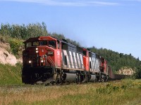 The one coal train that goes east out of Coal Valley is this one (Actually returning empty here). It ran to Thunder Bay, where I presume the coal was transloaded to Lakers and then to Ontario Hydro coal-fueled generating plants.
The train is very likely travelling over a bed or two of coal that is strip mined just a few hundred meters beyond the train. The quality of this local coal pales in comparison to the material that the train transports.
