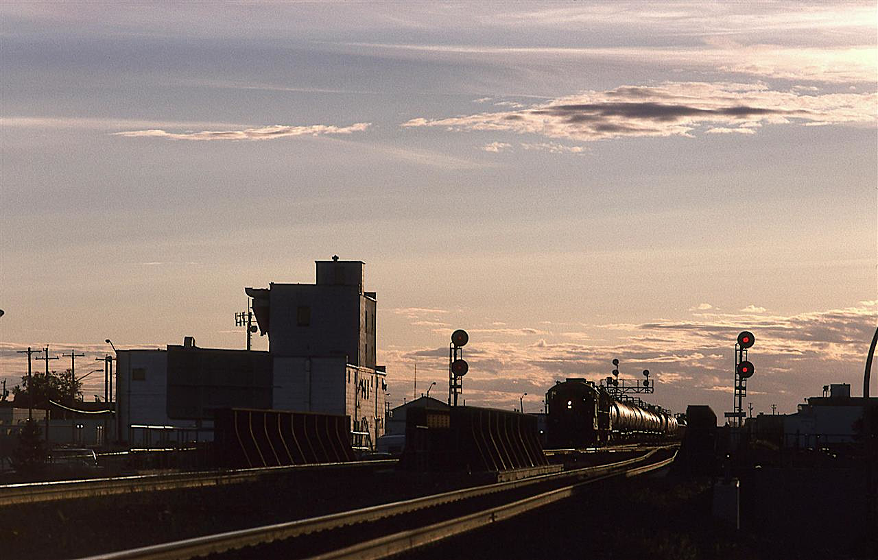 Taken from the site of the former East Junction train station (that handled passenger on the mixed train that came out of Walker yard and went to Fort McMurray), the Clover Transfer is headed out of Walker Yard  on its way to Clover Bar Yard.
The building, at left, is some strange grain handling facility. I don't know if it was active in 1996, but it is no longer there.
