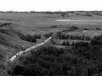 Downtown Calgary peeks over the hill forming the north side of Bow Valley, west of town. An intermodal snakes through some of the prettiest country this close to a major urban area.