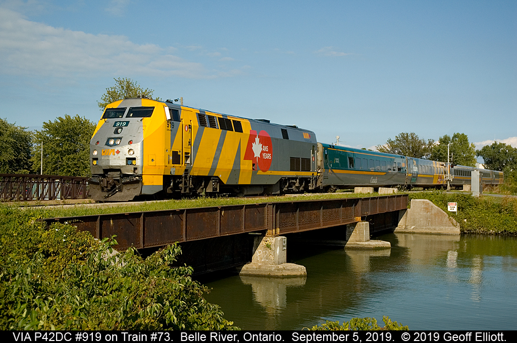 Another day, another VIA.  919 leads VIA Train #73 over Belle River bridge in downtown Belle River on a beautiful September afternoon.