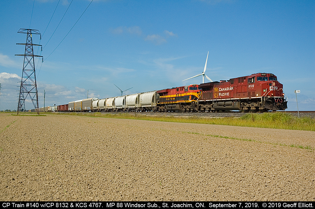 CP 8132 leads train #140 and Kansas City Southern Belle #4767 as it hits milepost 88 on CP's Windsor Subdivision on a beautiful September 7th day.