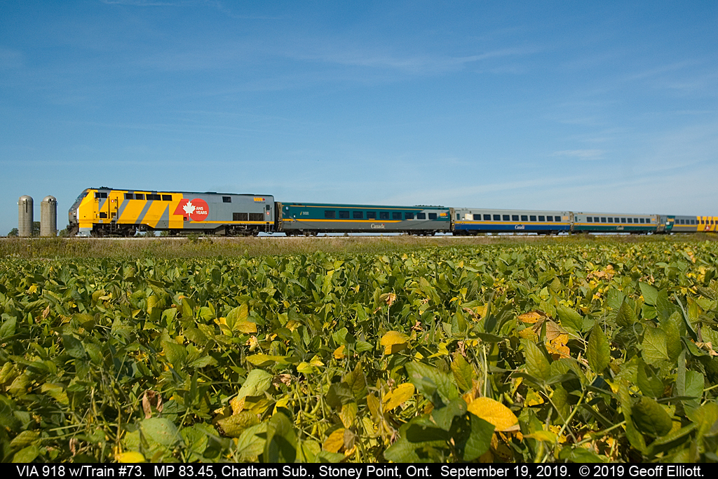 Soya beans and silos..... Fall is approaching quickly while the soya beans continue to ripen on the vines. Here we have VIA 918 leading train #73 through the flat lands of Essex County on this, the second last day of Summer 2019.  Photo taken on Private Property with permission.