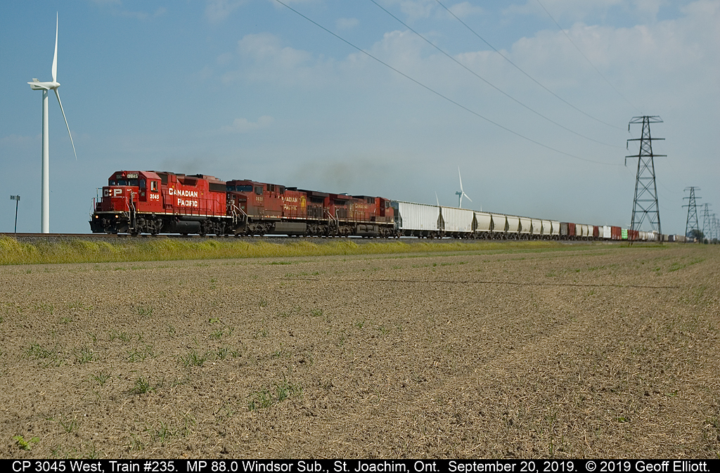 One of CP's "old Soldiers", GP38-2 #3045, leads train #235 through the Southern Ontario flat lands as it approaches St. Joachim, Ontario on September 20, 2019.