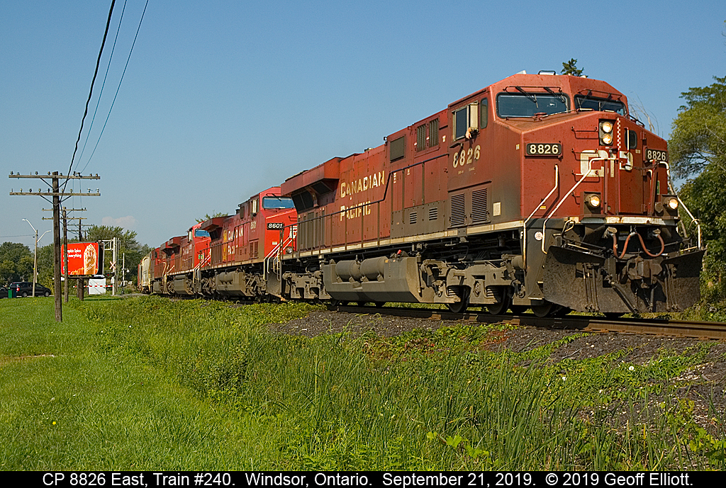 CP train #240, with CP 8826 leading quartet of CP GE's, pulls it's lift from Windsor Yard and rolls over Dougall Ave., as it makes it's way out to Lakeshore and back onto it's train on September 21, 2019.
