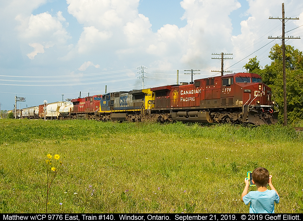 My 6 year old, Matthew, grabs a shot of CP train #140 as it makes it's lift from Windsor Yard on September 21, 2019.  Matthew's favorite railroad is CSX, so we just had to get a shot of this train for him.  Chip off the old block I guess......  :-)
