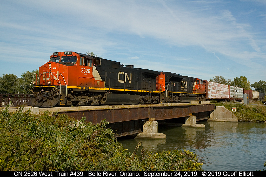 CN 2626 leads train #439 over Belle River late in the day on September 24, 2019.  Time is 4:01 pm and normally this would have been a shot of VIA Train #73, but he was running late and following 439 for some reason.  I'm glad though as I'd rather catch a freight for a change anyway.   :-)