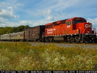 CP Track Geometry Train, with CP 2227 on point, departs the east end of Belle River Siding and proceeds east on on the Windsor Subdivision on September 24, 2019.