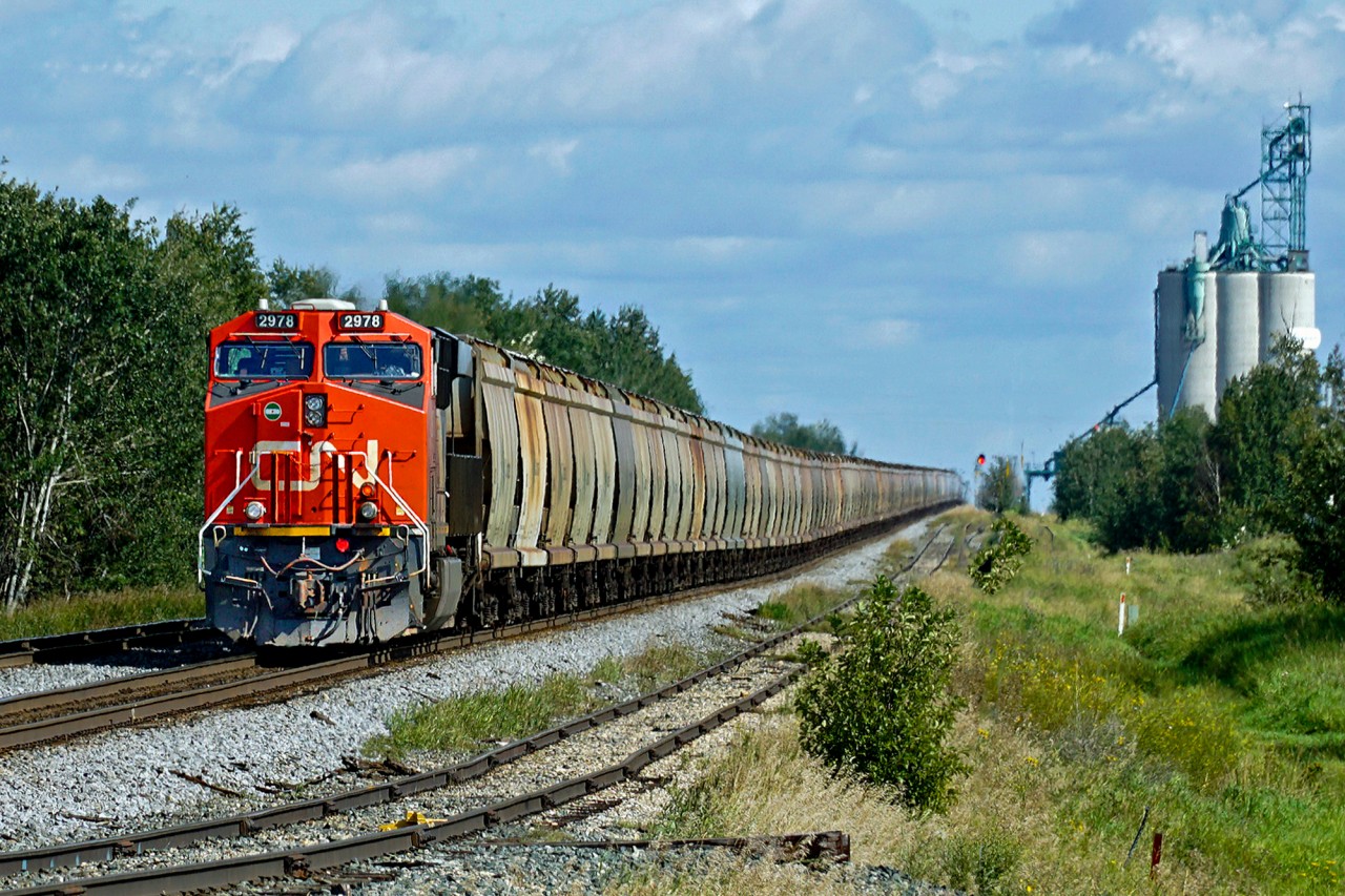 ES44AC CN 2978 is rear DP on an eastbound Campotex unit train heading through Acheson.