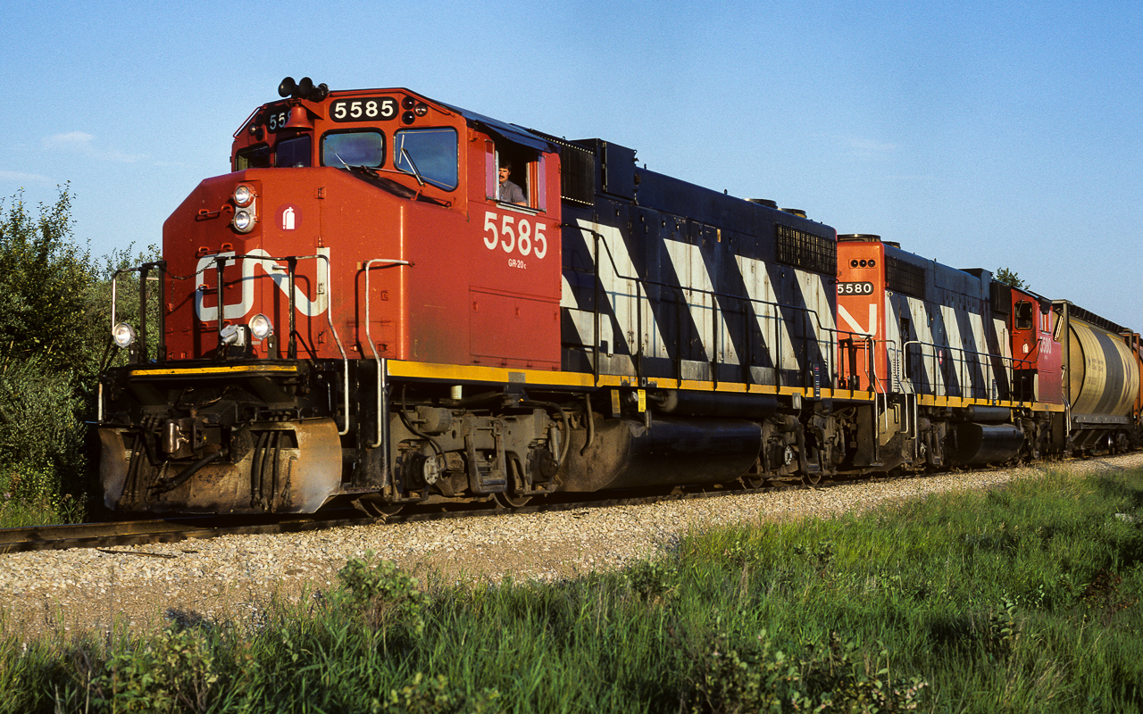 These are the lead units to the Muskeg Mixed which has the NAR tank car 16025 in tow (I just recently posted). The headend brakeman is enjoying a nice summer evenings drive as they head for Lac La Biche and Waterways.